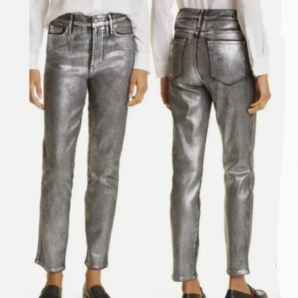 Frame Women's Jeans Le Sylvie High Rise Slender Straight Fit Ankle Chrome Noir